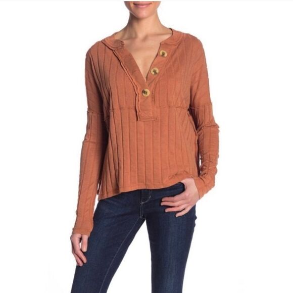 Free People In The Mix Henley Ribbed Long Sleeve Shirt Size Large - Picture 2 of 10